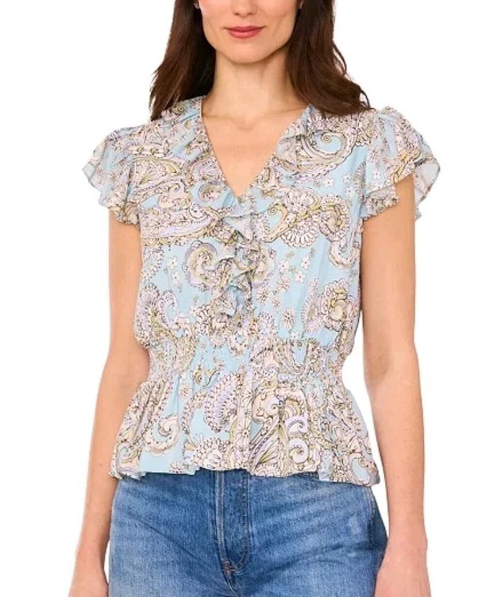 Parker The Margot Paisley Print Ruffled Top robins egg blue $99